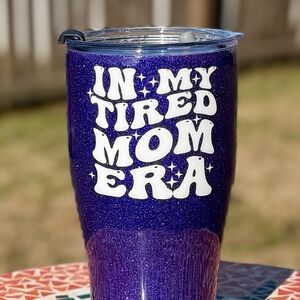 Purple(ish blue) Glitter “In My Tired Mom Era” Tumbler